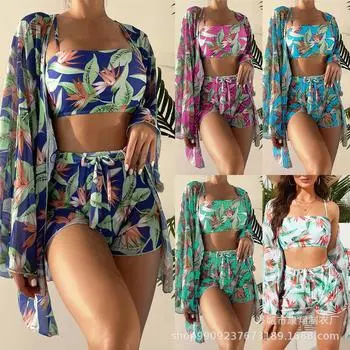 Женский модный комплект бикини, комплект из 4 предметов, купальник с принтом, мягкий топ, трусы, шорты для мальчика на шнуровке, прикрытый купальник с длинными рукавами, скромный купальный костюм S