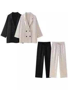 Женский модный комплект из 2 предметов, однотонный двубортный пиджак и винтажные брюки с эластичной резинкой на талии, женские шикарные женские брюки, комплекты больших размеров L