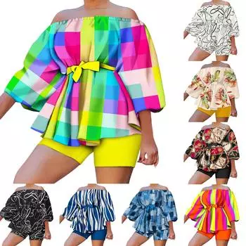 Женский модный комплект из 2 предметов с принтом, свободный повседневный топ и шорты с поясом L чёрный