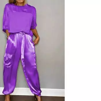 Женский модный комплект из двух частей: однотонный атласный комплект из двух частей с круглым вырезом и длинными рукавами, длинные брюки, повседневный свободный комплект из двух частей XS темно-коричневого