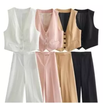 Женский модный комплект из двух предметов, розовые топы на бретелях и прямые брюки, винтажный однобортный женский шикарный брючный костюм с v-образным вырезом XXS белый