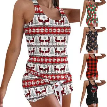 Женский модный комплект, повседневный рождественский топ с принтом, майка, шорты, пижамный комплект без рукавов L чёрный