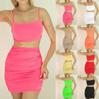 Женский модный комплект с тонкой юбкой без рукавов с однотонным ремешком и открытой талией S чёрный