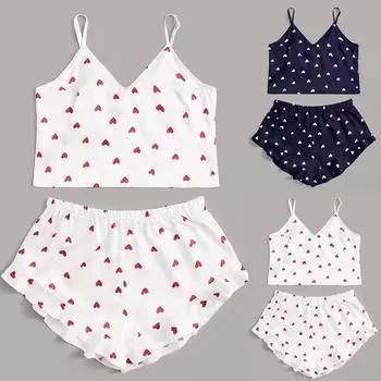 Женский модный комплект тонких, милых, милых, сексуальных шорт с принтом на ремешках и в форме сердца S тёмно-синий