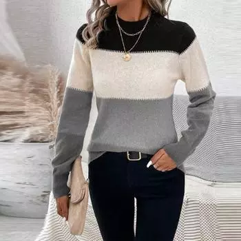 Женский модный контрастный цветной пуловер с круглым вырезом и длинными рукавами, вязаный свитер M