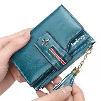 Женский модный короткий двойной кошелек из искусственной кожи с кисточкой и молнией, держатель для карт, женский кошелек для монет с несколькими картами