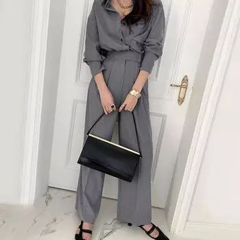 Женский модный костюм-двойка 2025: рубашка с длинным рукавом и брюки с высокой талией и широкими штанинами Gray Pants