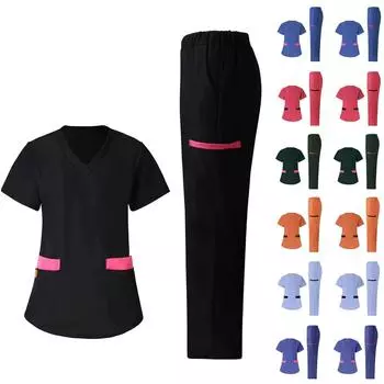 Женский модный костюм с коротким рукавом, пэчворк, цветной карман, верх, брюки, рабочая одежда, две части S