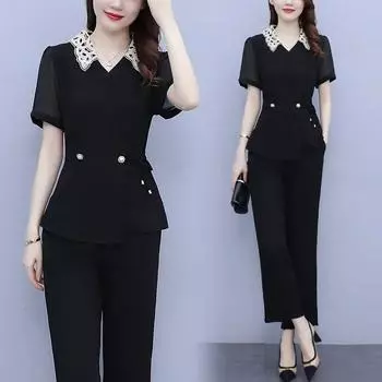 Женский модный костюм среднего возраста, повседневный костюм с круглым вырезом, коротким рукавом + свободные широкие шорты, комплект из 2 предметов XXXXL чёрный