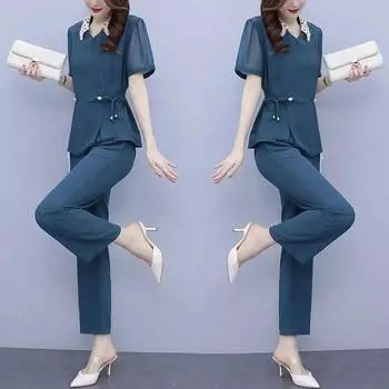 Женский модный костюм среднего возраста, повседневный костюм с круглым вырезом, коротким рукавом + свободные широкие шорты, комплект из 2 предметов XXXXL чёрный