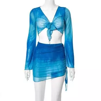 Женский модный кроп-топ тай-дай с рукавами-колокольчиками и тюлевой юбкой Blue M