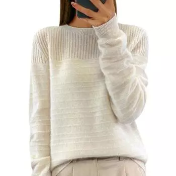 Женский модный круглый вырез однотонный вязаный свитер топ пуловер повседневный свитер L бежевый