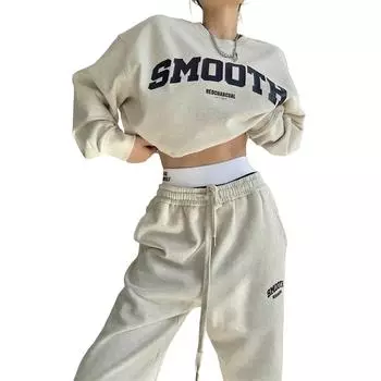 Женский модный круглый вырез пуловер свободный свитшот и спортивные штаны беговой комплект из двух предметов One Size бежевый