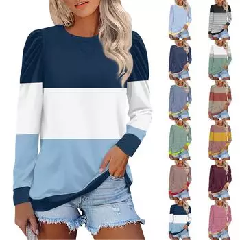 Женский модный круглый вырез пуловер топ длинный рукав принтованный повседневный топ L чёрный