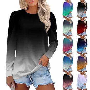 Женский модный круглый вырез пуловер топ длинный рукав принтованный повседневный топ L чёрный