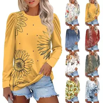 Женский модный круглый вырез пуловер топ длинный рукав принтованный повседневный топ XXL жёлтый