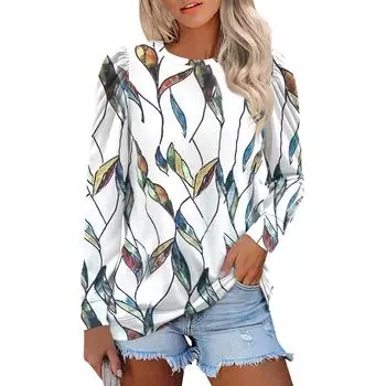 Женский модный круглый вырез пуловер топ длинный рукав принтованный повседневный топ M белый