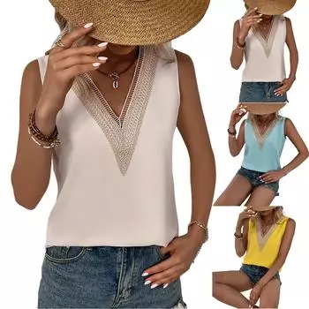 Женский модный кружевной повседневный облегающий жилет с V-образным вырезом L бежевый