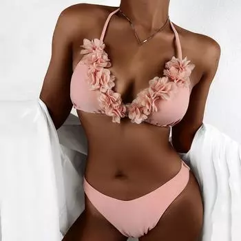 Женский модный купальник бикини из нейлоновой сетки с высокой талией и оборками и кружевами M розовый