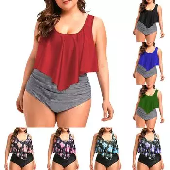 Женский модный купальник большого размера с высокой талией и принтом с рюшами и подкладкой на груди без стальной поддержки XXXXL темно-синий