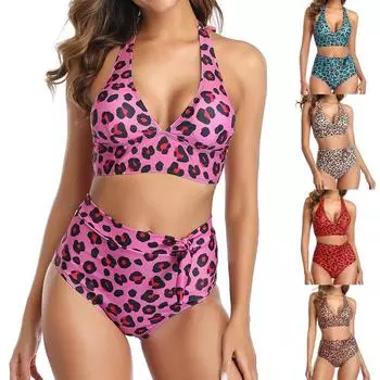 Женский модный купальник с леопардовым принтом, сексуальный купальник бикини с высокой талией и разрезом S синий