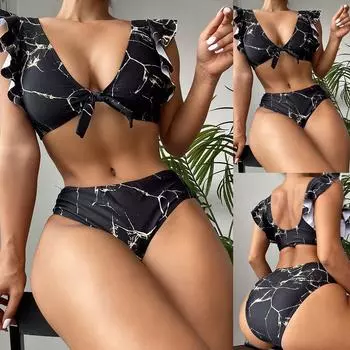 Женский модный купальник с рюшами и расширенным плечевым ремнем и галстуком-бабочкой с открытым разрезом L чёрный