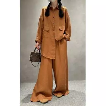 Женский модный льняной костюм рубашка + повседневные брюки большого размера однотонная темпераментная рубашка повседневный костюм One size светло-коричневого