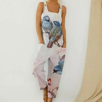 Женский модный летний милый свободный повседневный комбинезон с принтом в стиле ретро и ремешками XXL белый