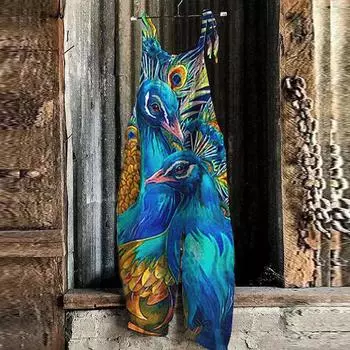 Женский модный летний милый свободный повседневный комбинезон с принтом в стиле ретро и ремешками XXL синий