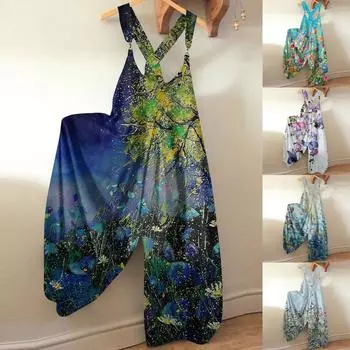 Женский модный летний милый свободный повседневный комбинезон с принтом в стиле ретро и ремешками XL светло-синий