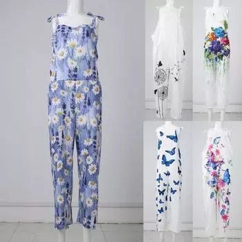 Женский модный летний милый свободный повседневный комбинезон с принтом в стиле ретро и ремешками L чёрный