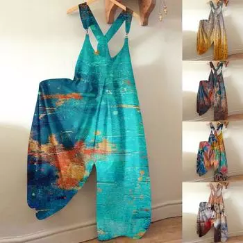 Женский модный летний милый свободный повседневный комбинезон с принтом в стиле ретро и ремешками L синий