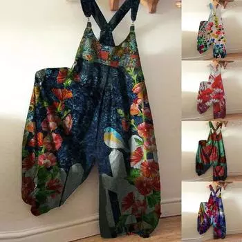 Женский модный летний милый свободный повседневный комбинезон с принтом в стиле ретро и ремешками XXL