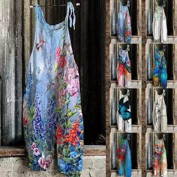 Женский модный летний милый свободный повседневный комбинезон с принтом в стиле ретро и ремешками XXL синий