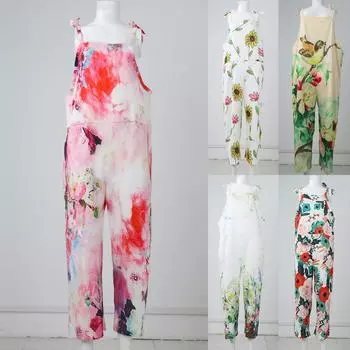 Женский модный летний милый свободный повседневный комбинезон с принтом в стиле ретро и ремешками L зелёный