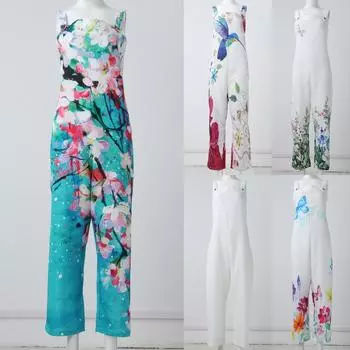 Женский модный летний милый свободный повседневный комбинезон с принтом в стиле ретро и ремешками M синий