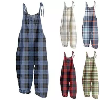 Женский модный летний милый свободный повседневный комбинезон с принтом в стиле ретро на бретелях XXL тёмно-синий