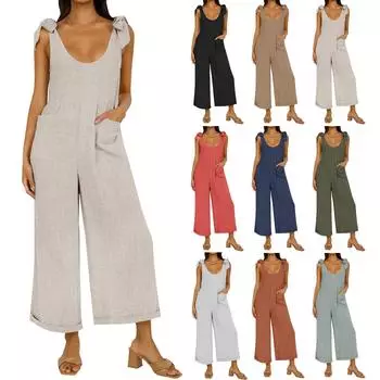 Женский модный летний повседневный однотонный свободный комбинезон без рукавов с широкими штанинами L