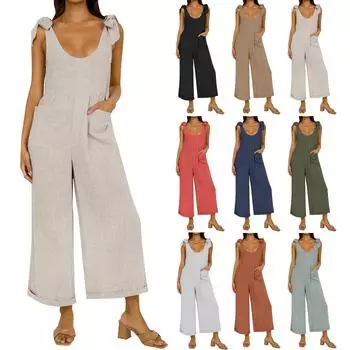 Женский модный летний повседневный однотонный свободный комбинезон без рукавов с широкими штанинами