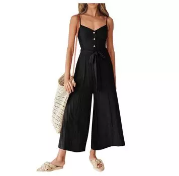 Женский модный летний повседневный однотонный свободный комбинезон без рукавов с широкими штанинами S чёрный