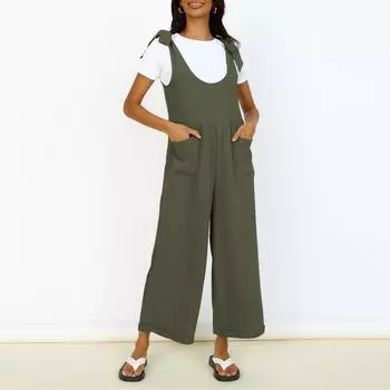 Женский модный летний повседневный однотонный свободный комбинезон без рукавов с широкими штанинами S чёрный