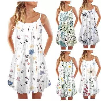 Женский модный летний повседневный жилет без рукавов в стиле ретро с цветочным принтом, свободная майка, большое пляжное платье M синий