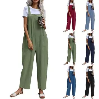 Женский модный летний рюкзак, брюки, свободный карманный повседневный комбинезон на пуговицах L чёрный