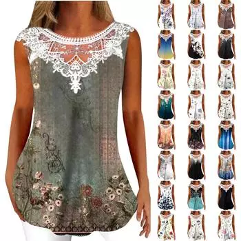 Женский модный летний сексуальный складной топ с принтом, обычный кружевной топ без рукавов с V-образным вырезом и пуговицами L армия зеленый