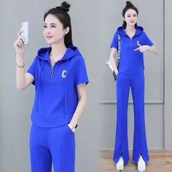 Женский модный летний спортивный костюм 2025: Комплект из двух частей: стильный универсальный худи с коротким рукавом и длинные брюки. XXL синий