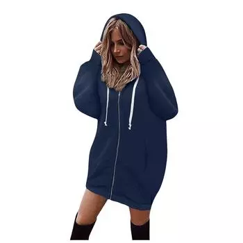 Женский модный маленький свежий женский утепленный длинный свитер на молнии с капюшоном S синий