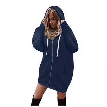 Женский модный маленький свежий женский утепленный длинный свитер на молнии с капюшоном L синий