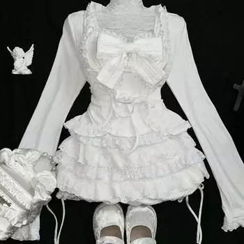 Женский модный милый комплект из 3 предметов в стиле Лолита-кавайи с бантом, узкий кардиган с длинными рукавами, эластичная талия, плиссированная юбка, осенне-зимний костюм в стиле Харадзюку S белый
