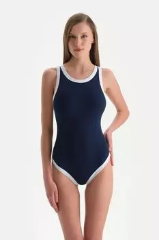 Женский модный новый купальник темно-синий с воротником-халтером