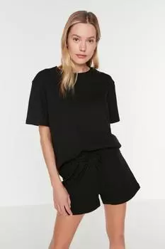 Женский модный новый пижамный комплект из черной вафельной ткани, хлопковый вязаный пижамный комплект